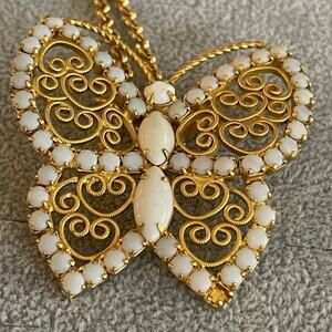 Vintage Butterfly necklace/brooch gold with white stones